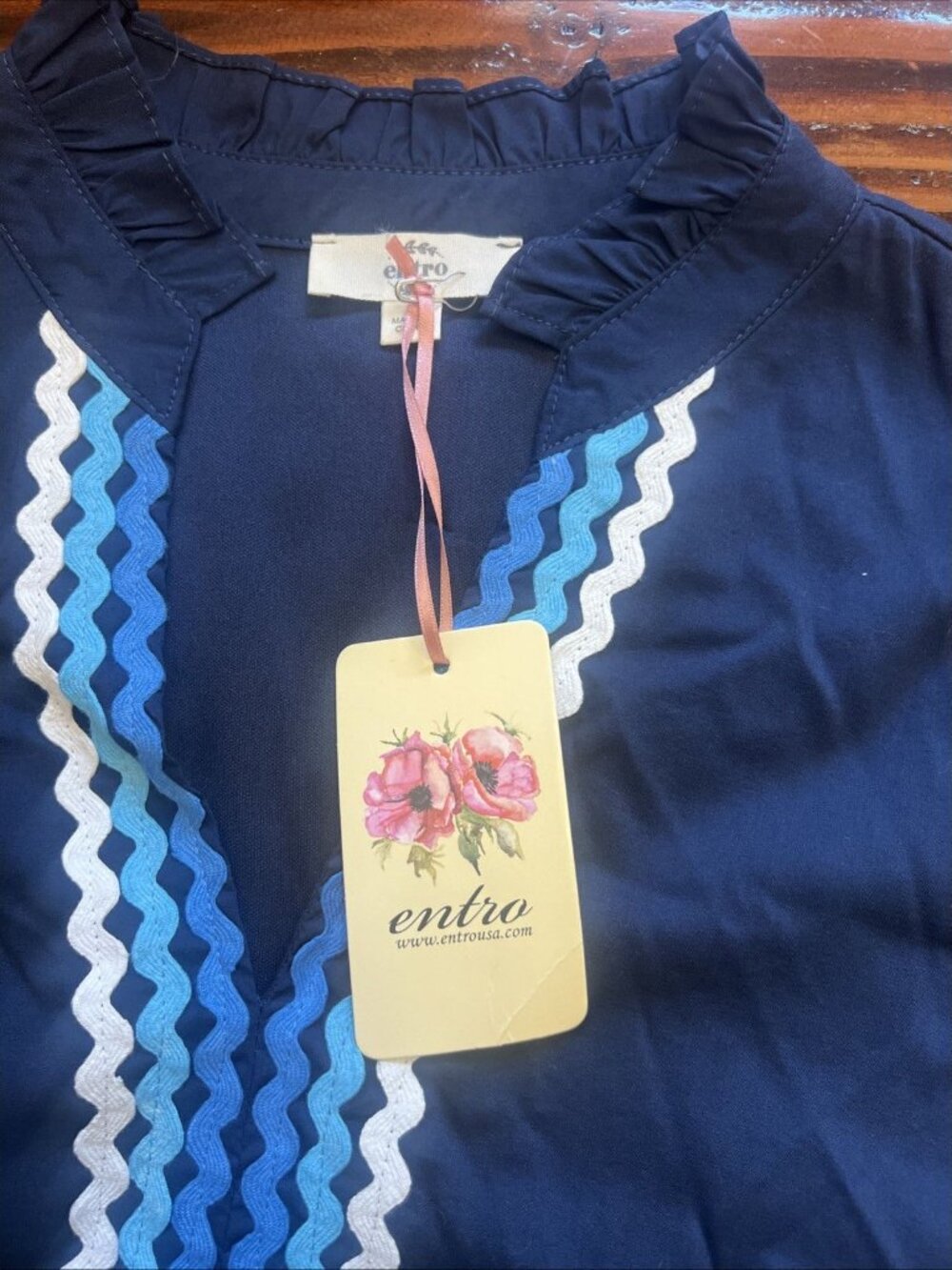NWT Entro Women’s Navy Blue Embroidered Baby Doll Medium Mini Dress Fun Classy - Picture 9 of 9